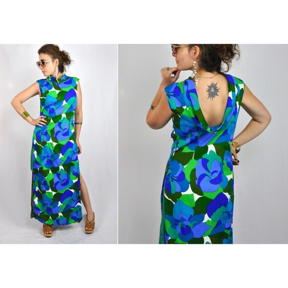 60s HAWAIIAN Floor Length Maxi Dress - Open Back Dress - Psychedelic - S - M - Picture 1 of 5
